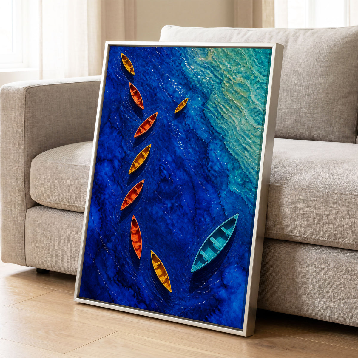Cobalt Drift, blue, orange, yellow nature wall art displayed in a styled interior, gallery view 8