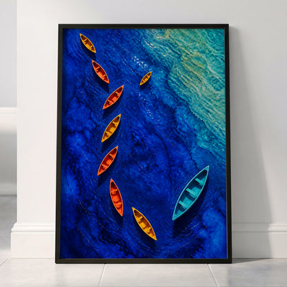 Cobalt Drift, blue, orange, yellow nature wall art displayed in a styled interior, gallery view 9