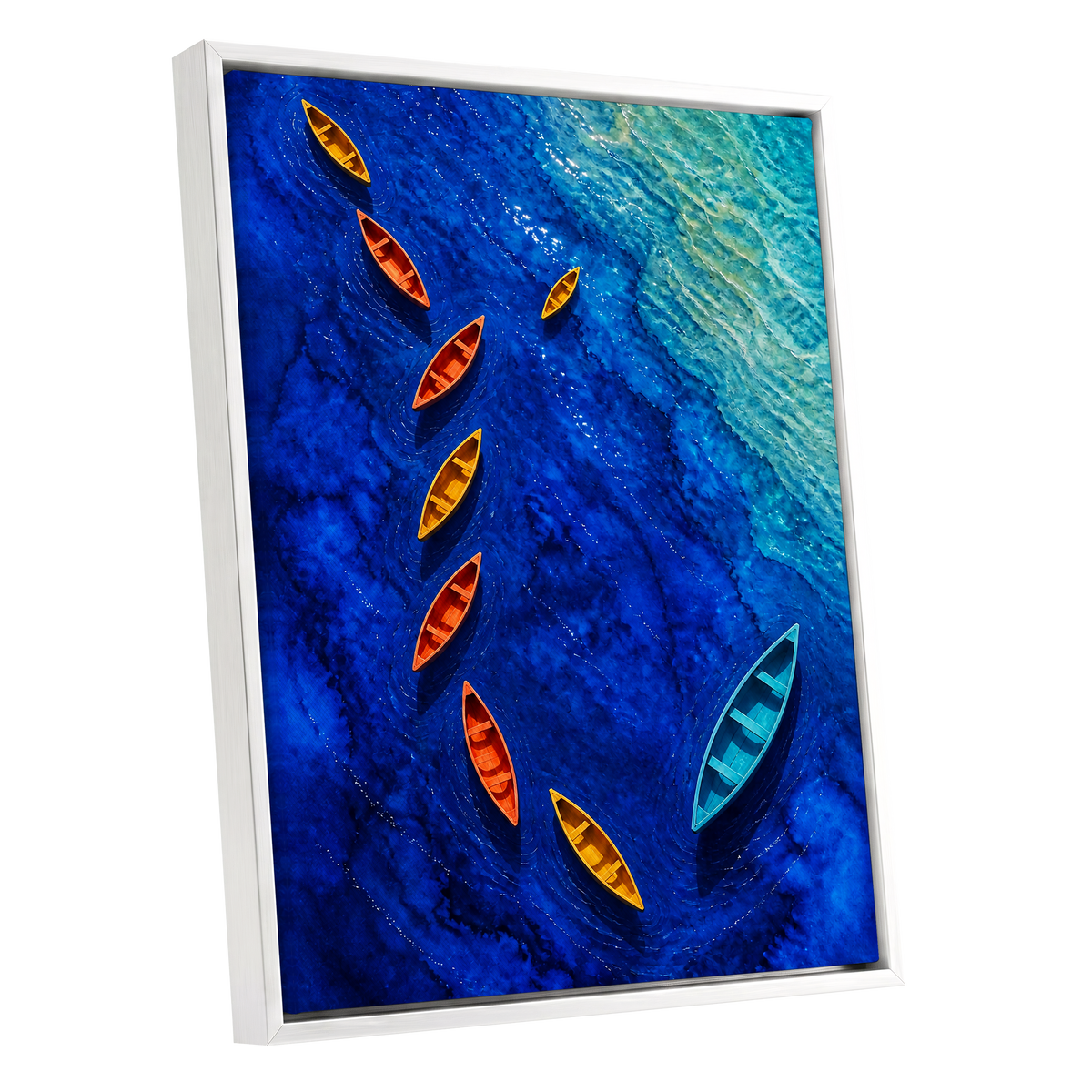 Cobalt Drift, blue, orange, yellow nature wall art shown as a white framed canvas wall art