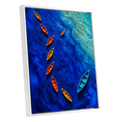 Cobalt Drift, blue, orange, yellow nature wall art shown as a white framed canvas wall art