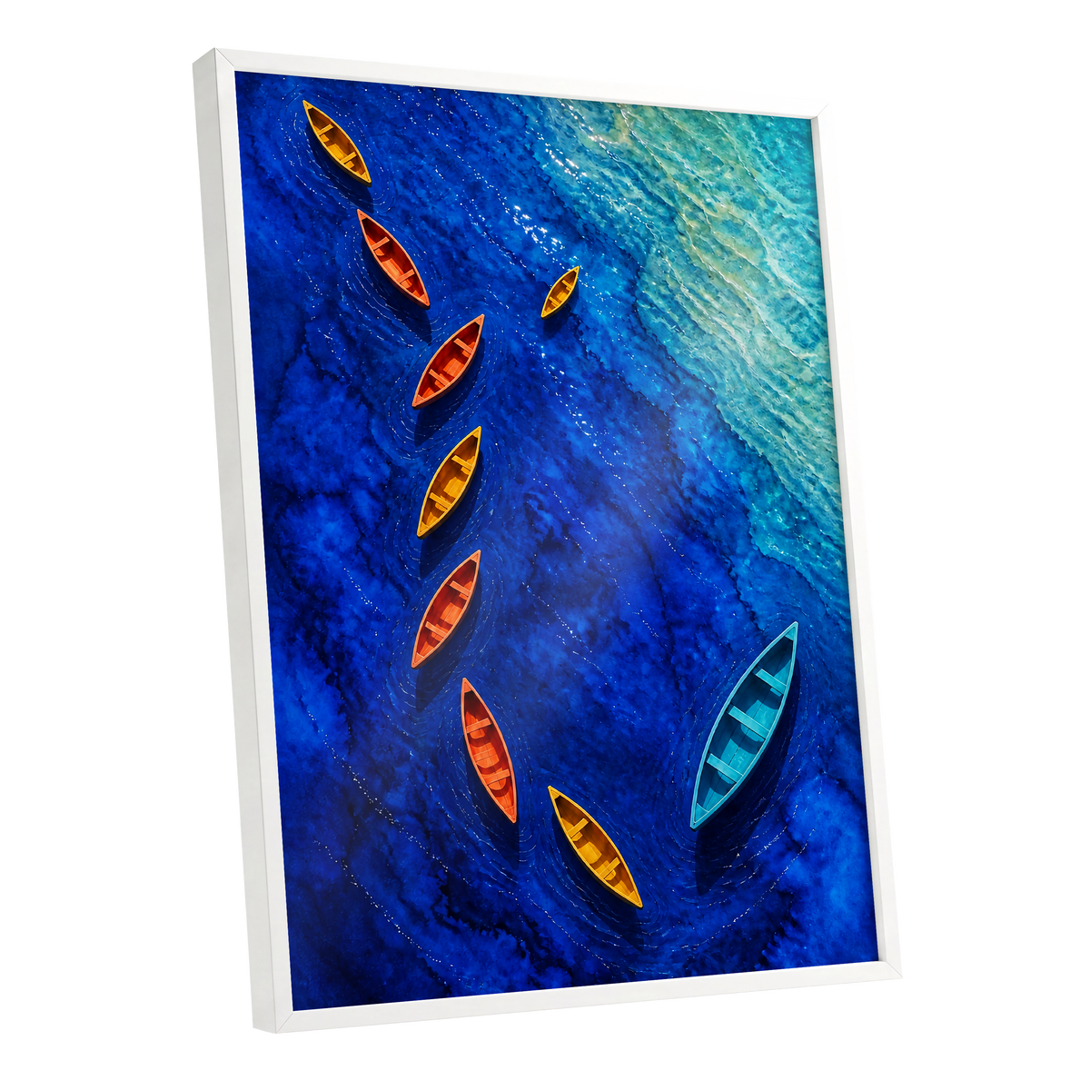 Cobalt Drift, blue, orange, yellow nature wall art shown as a white framed poster wall art print