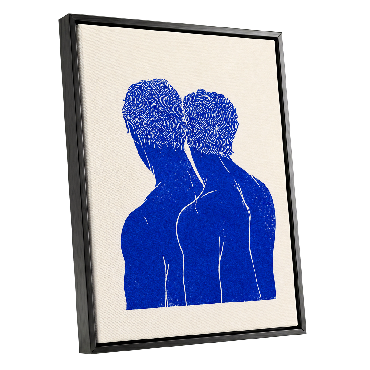 Cobalt Duo, blue, beige, white minimalist wall art shown as a black framed canvas wall art
