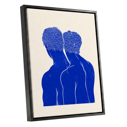 Cobalt Duo, blue, beige, white minimalist wall art shown as a black framed canvas wall art