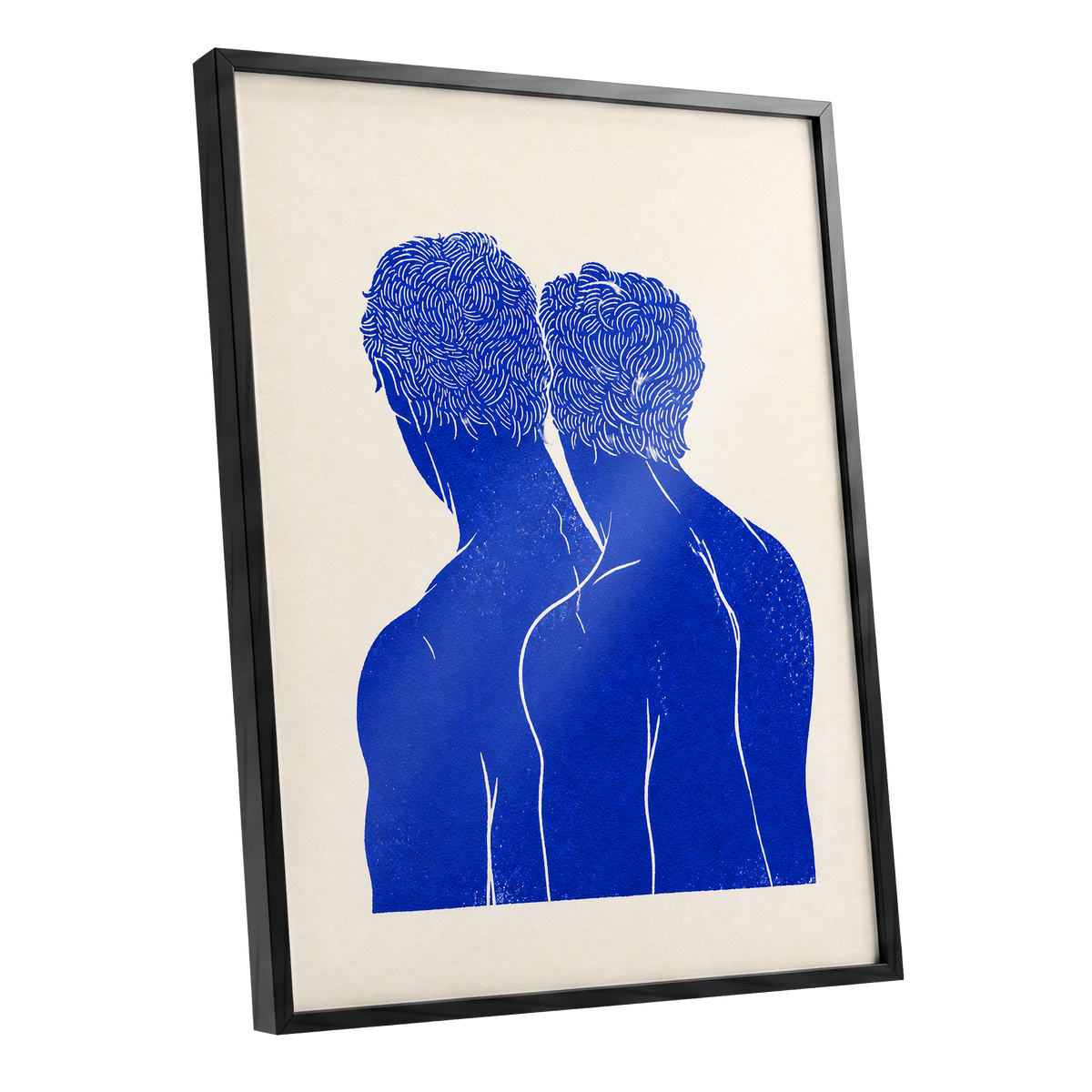 Cobalt Duo, blue, beige, white minimalist wall art shown as a black framed poster wall art print