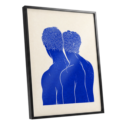 Cobalt Duo, blue, beige, white minimalist wall art shown as a black framed poster wall art print