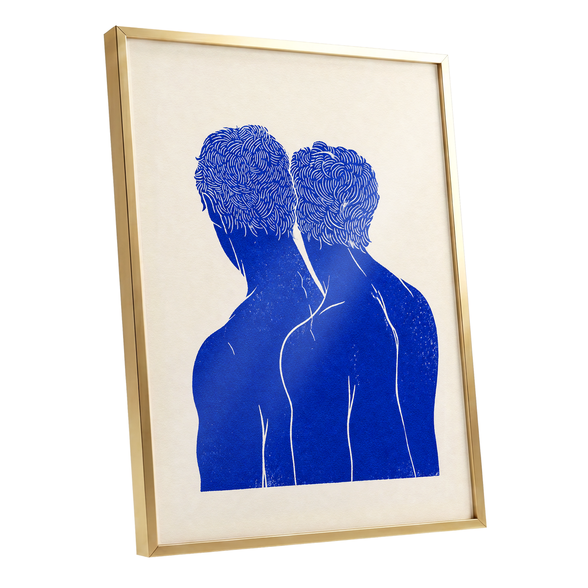 Cobalt Duo, blue, beige, white minimalist wall art shown as a gold framed poster wall art print