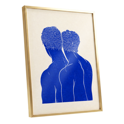 Cobalt Duo, blue, beige, white minimalist wall art shown as a gold framed poster wall art print