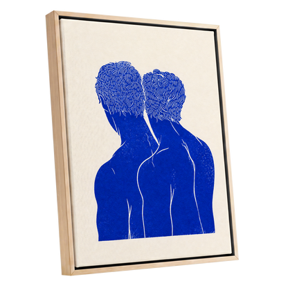 Cobalt Duo, blue, beige, white minimalist wall art shown as a oak framed canvas wall art