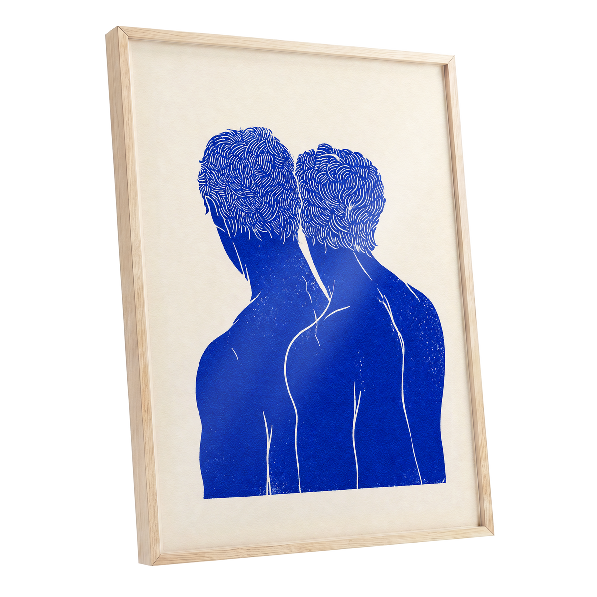 Cobalt Duo, blue, beige, white minimalist wall art shown as a oak framed poster wall art print