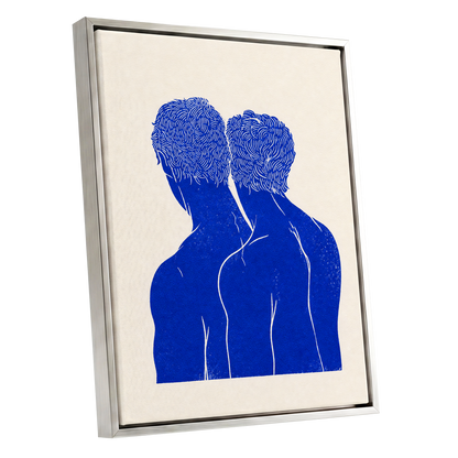 Cobalt Duo, blue, beige, white minimalist wall art shown as a silver framed canvas wall art