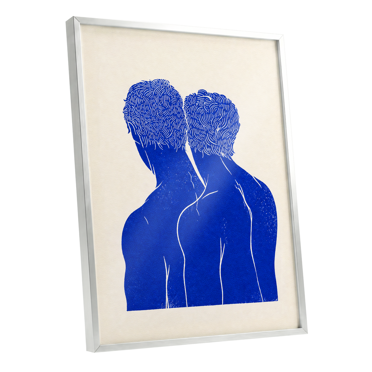 Cobalt Duo, blue, beige, white minimalist wall art shown as a silver framed poster wall art print