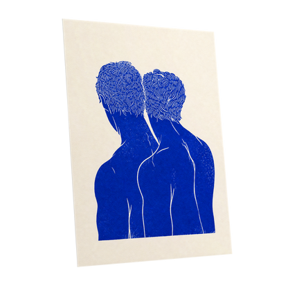 Cobalt Duo, blue, beige, white minimalist wall art shown as a unframed poster wall art print