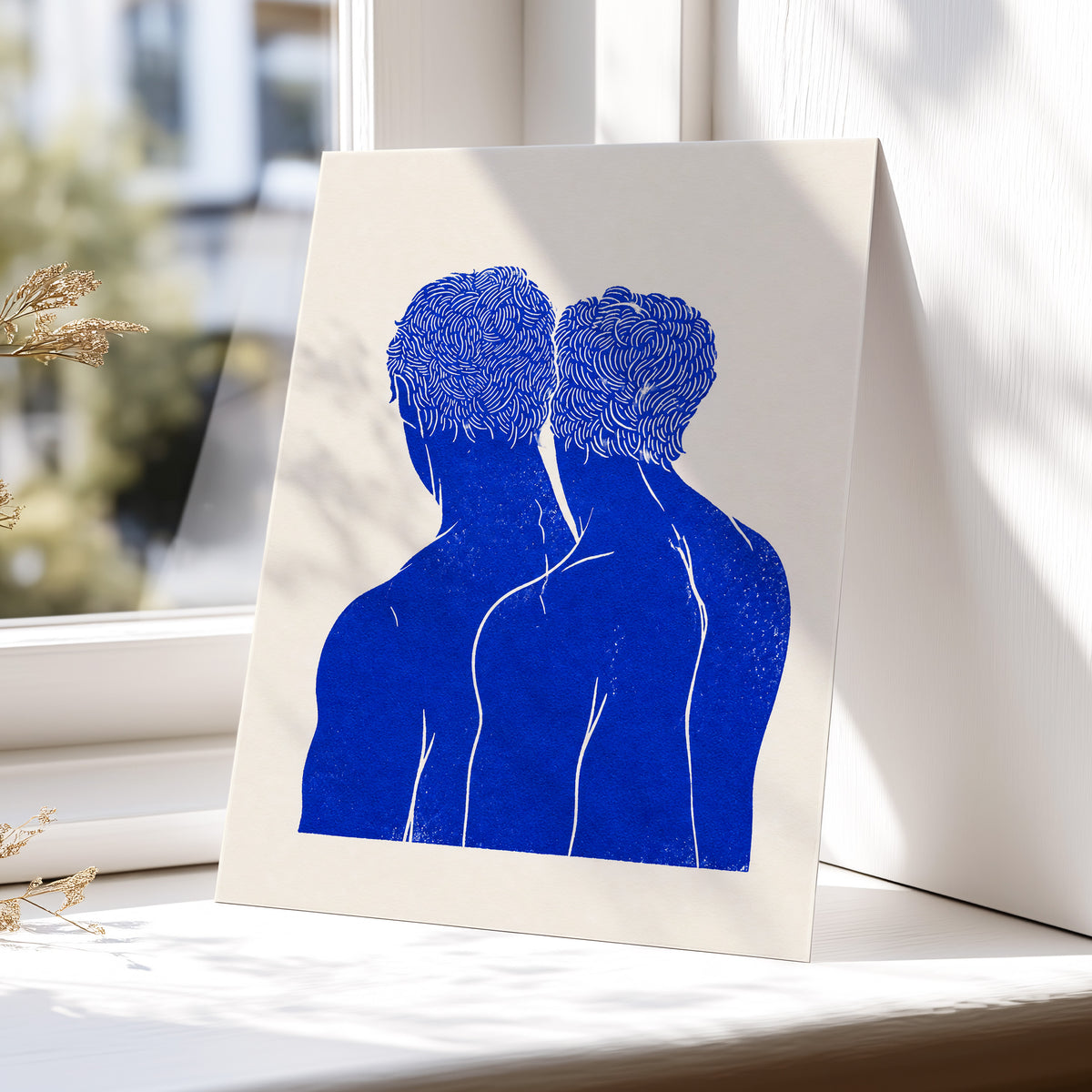 Cobalt Duo, blue, beige, white minimalist wall art displayed in a styled interior, gallery view 5