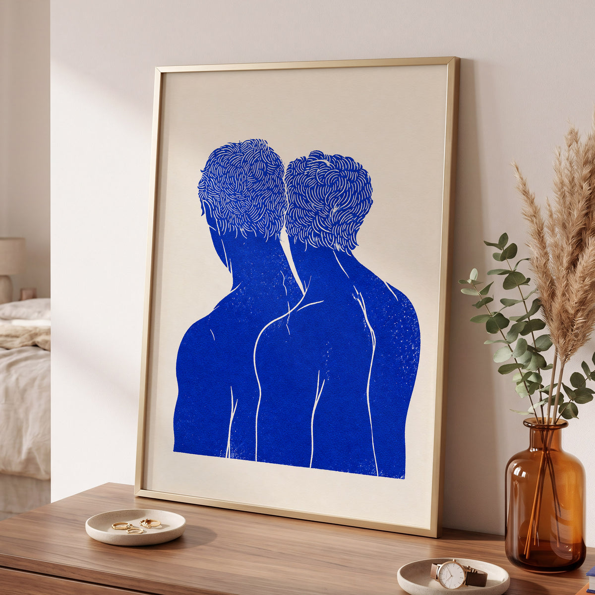Cobalt Duo, blue, beige, white minimalist wall art displayed in a styled interior, gallery view 6