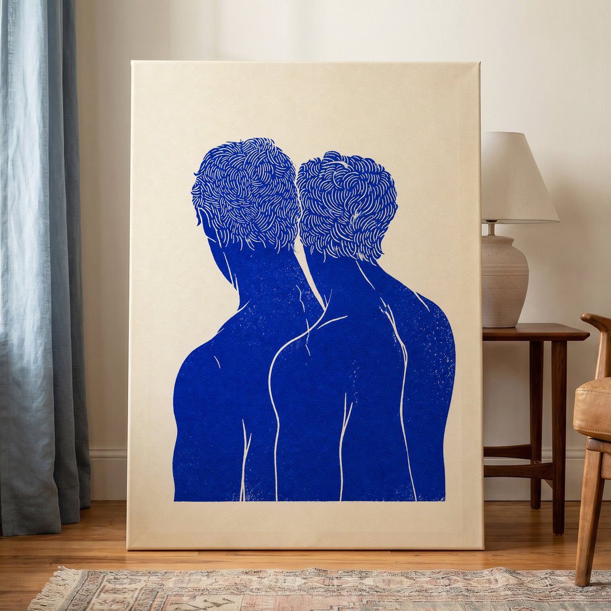 Cobalt Duo, blue, beige, white minimalist wall art displayed in a styled interior, gallery view 7