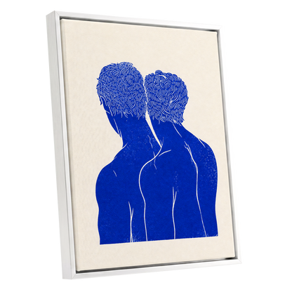 Cobalt Duo, blue, beige, white minimalist wall art shown as a white framed canvas wall art