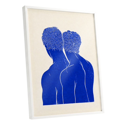 Cobalt Duo, blue, beige, white minimalist wall art shown as a white framed poster wall art print