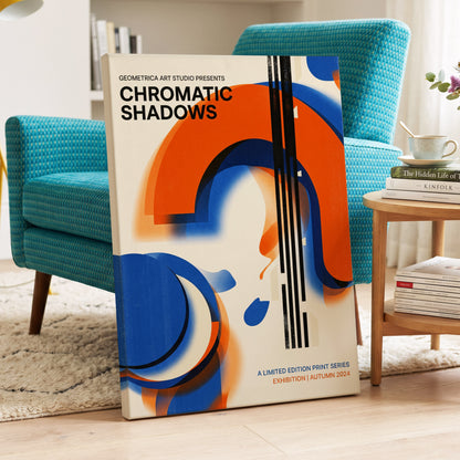 Cobalt Ember Arches, blue, orange, beige abstract wall art on canvas displayed in a styled interior, gallery view 1
