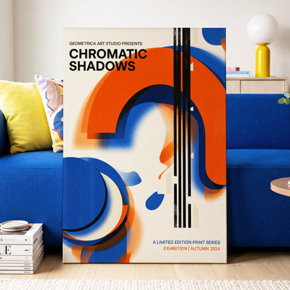 Cobalt Ember Arches, blue, orange, beige abstract wall art on canvas displayed in a styled interior, gallery view 2