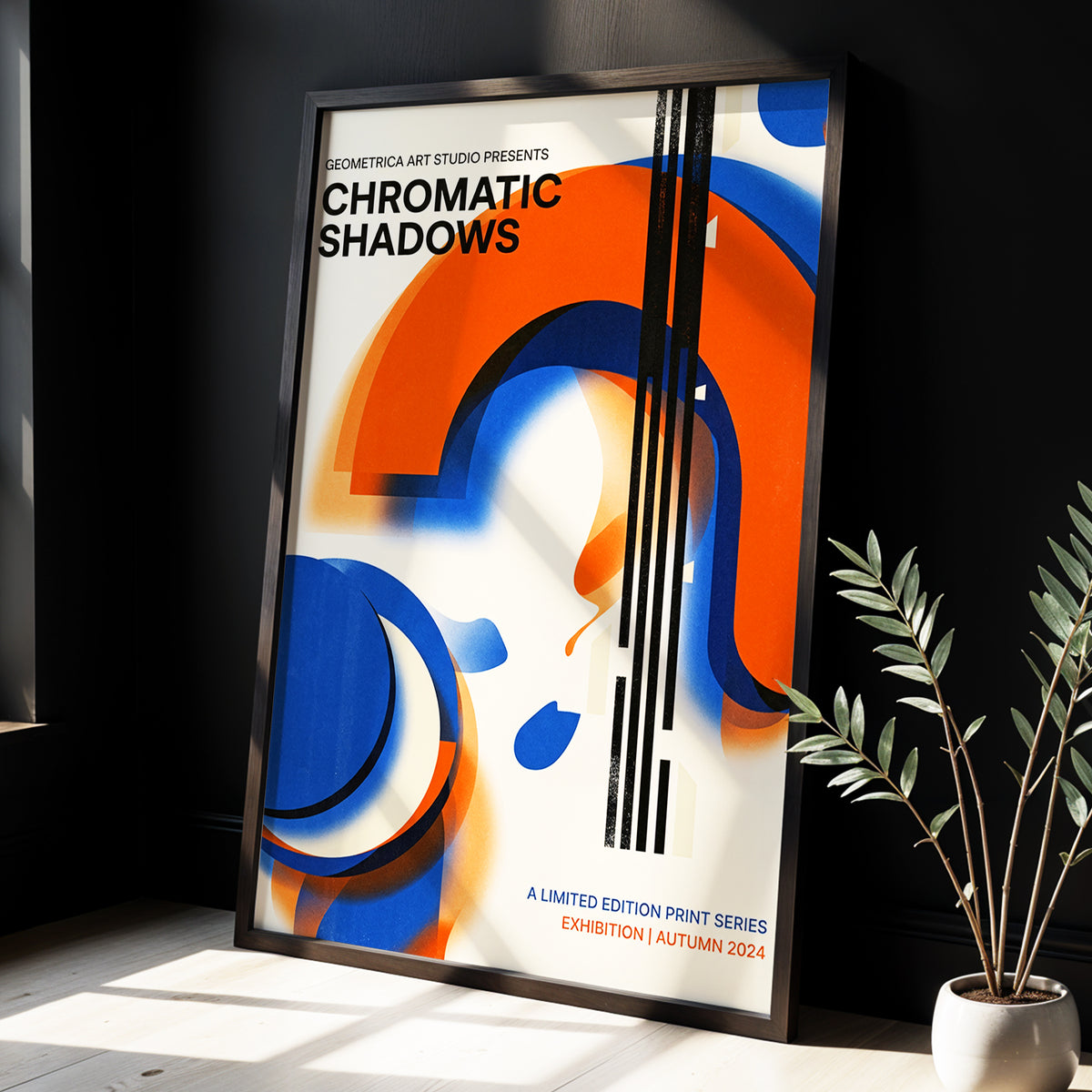 Cobalt Ember Arches, blue, orange, beige abstract wall art displayed in a styled interior, gallery view 2