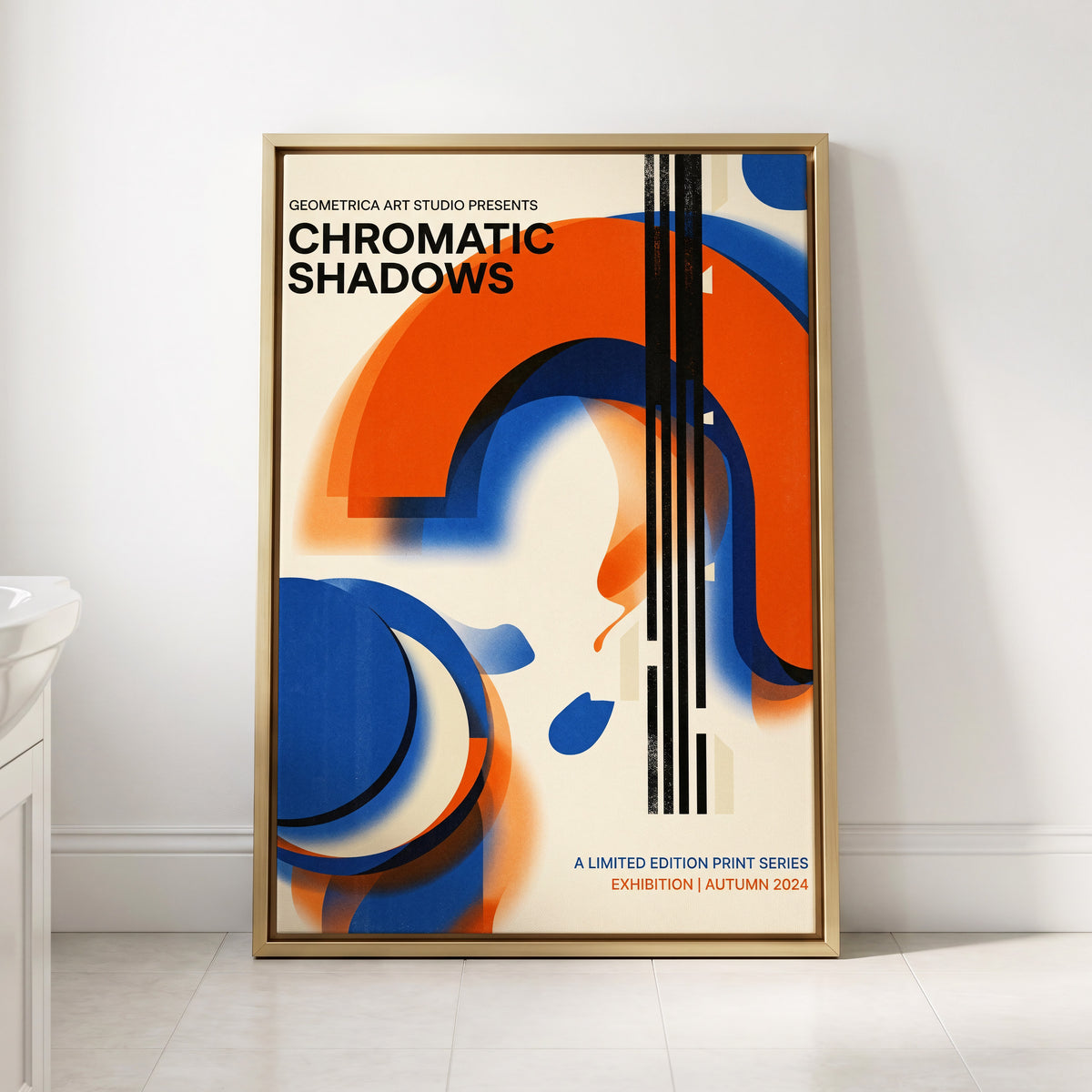 Cobalt Ember Arches, blue, orange, beige abstract wall art displayed in a styled interior, gallery view 3