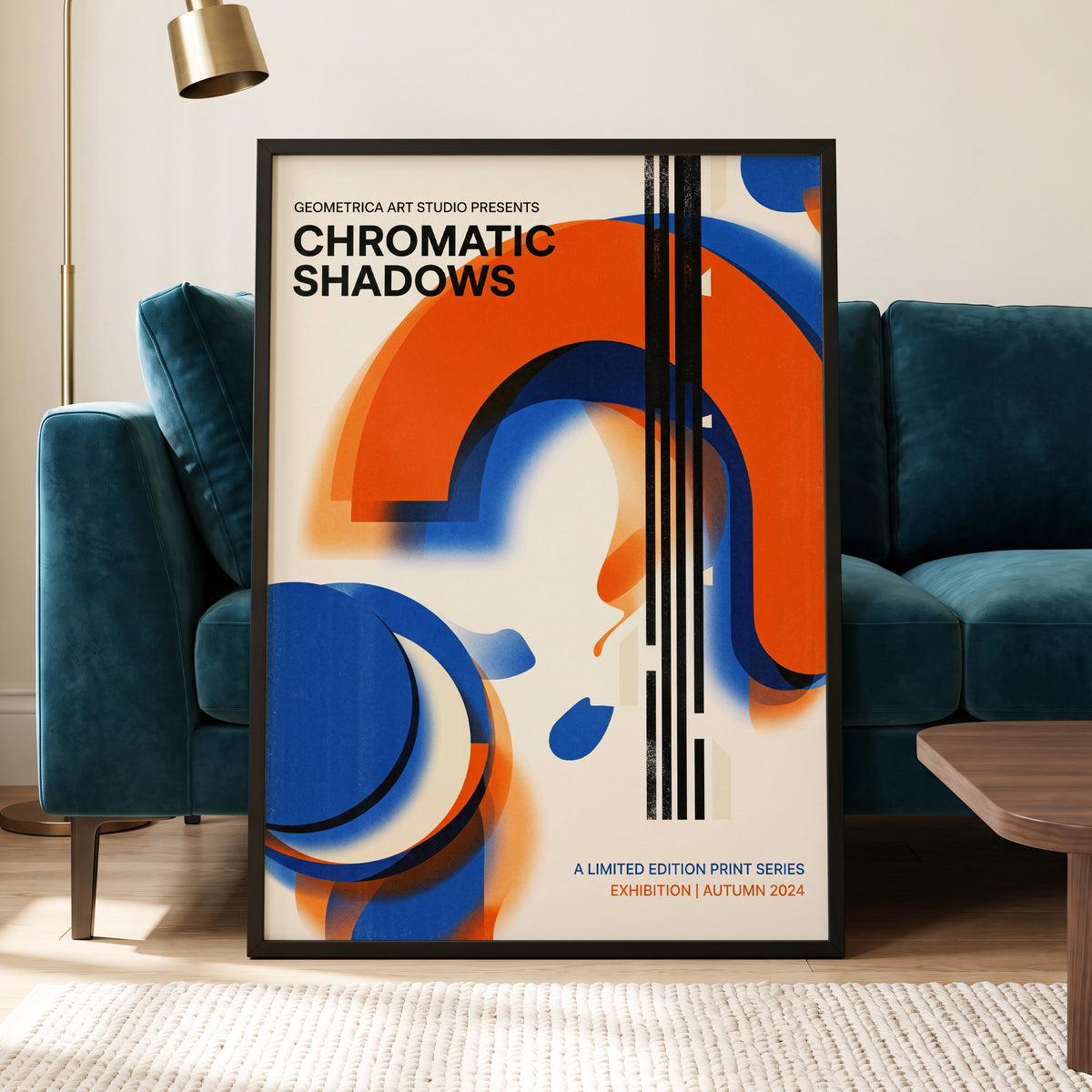 Cobalt Ember Arches, blue, orange, beige abstract wall art displayed in a styled interior, gallery view 5