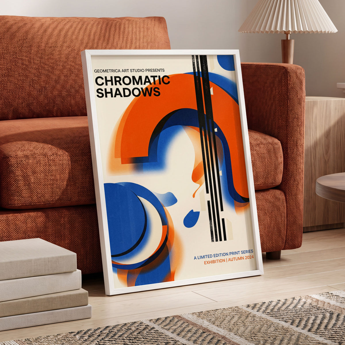 Cobalt Ember Arches, blue, orange, beige abstract wall art displayed in a styled interior, gallery view 6