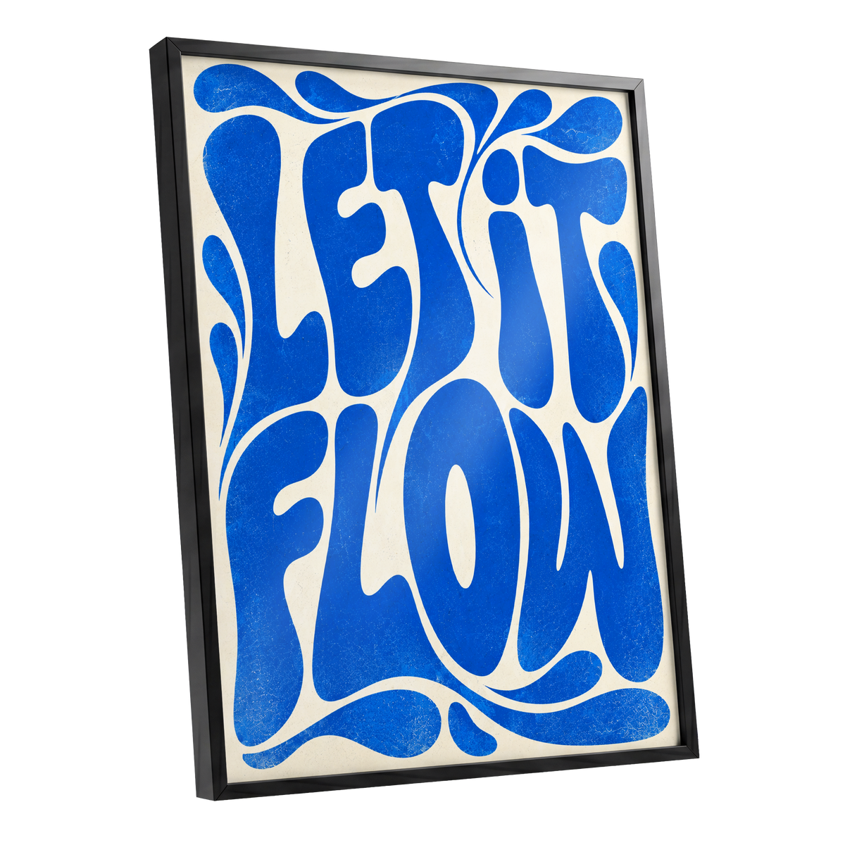 Cobalt Flow, blue, beige abstract wall art shown as a black framed poster wall art print