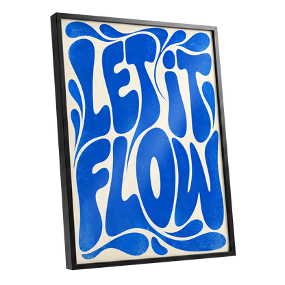 Cobalt Flow, blue, beige abstract wall art shown as a black framed poster wall art print