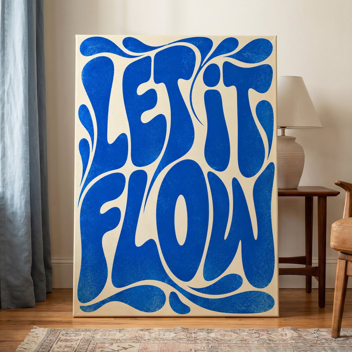 Cobalt Flow, blue, beige abstract wall art on canvas displayed in a styled interior, gallery view 1