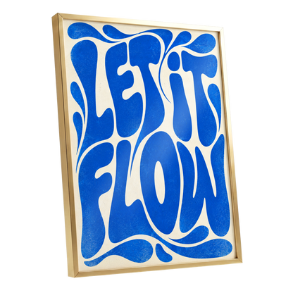 Cobalt Flow, blue, beige abstract wall art shown as a gold framed poster wall art print