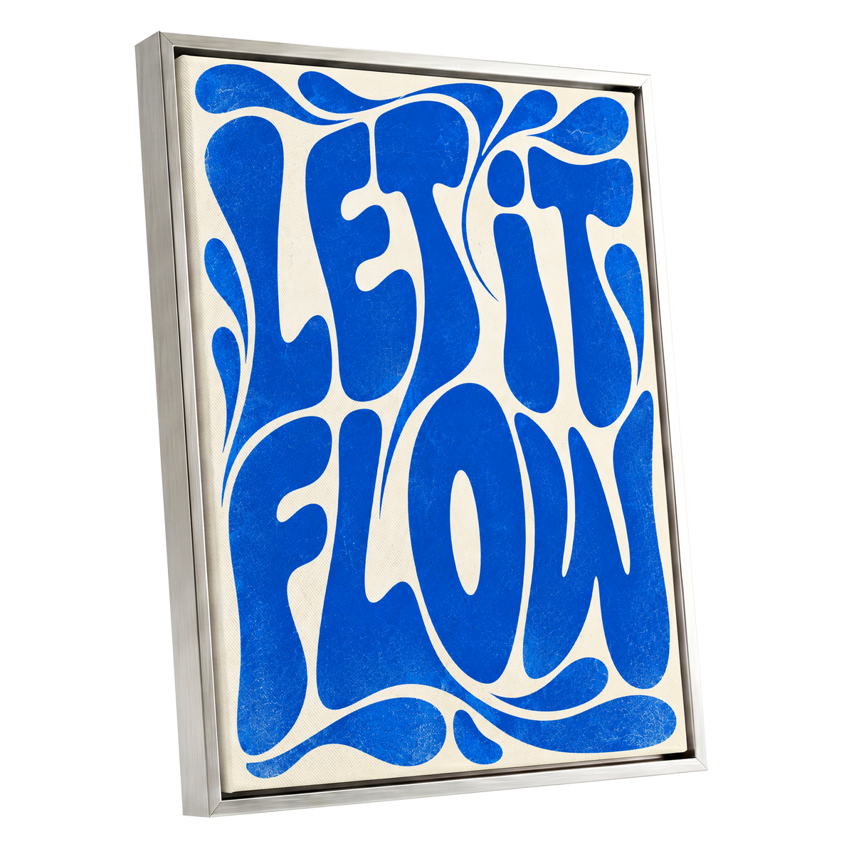 Cobalt Flow, blue, beige abstract wall art shown as a silver framed canvas wall art
