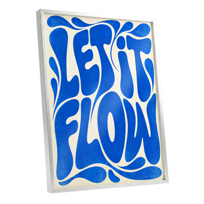 Cobalt Flow, blue, beige abstract wall art shown as a silver framed poster wall art print
