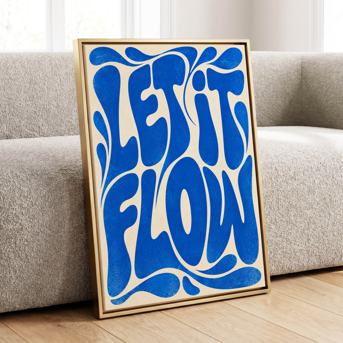 Cobalt Flow, blue, beige abstract wall art displayed in a styled interior, gallery view 1