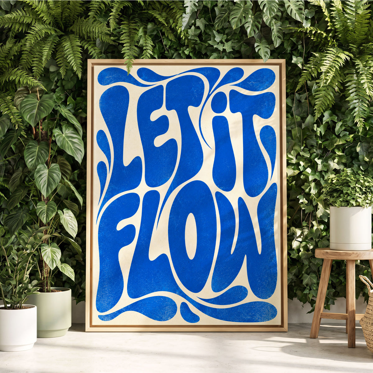 Cobalt Flow, blue, beige abstract wall art displayed in a styled interior, gallery view 2