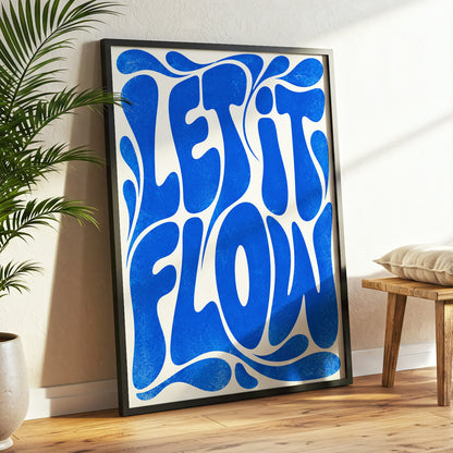 Cobalt Flow, blue, beige abstract wall art displayed in a styled interior, gallery view 3