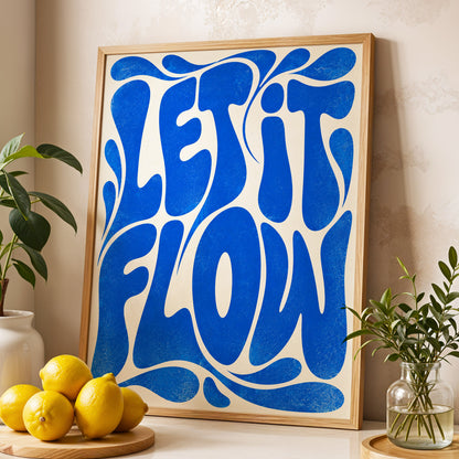 Cobalt Flow, blue, beige abstract wall art displayed in a styled interior, gallery view 4