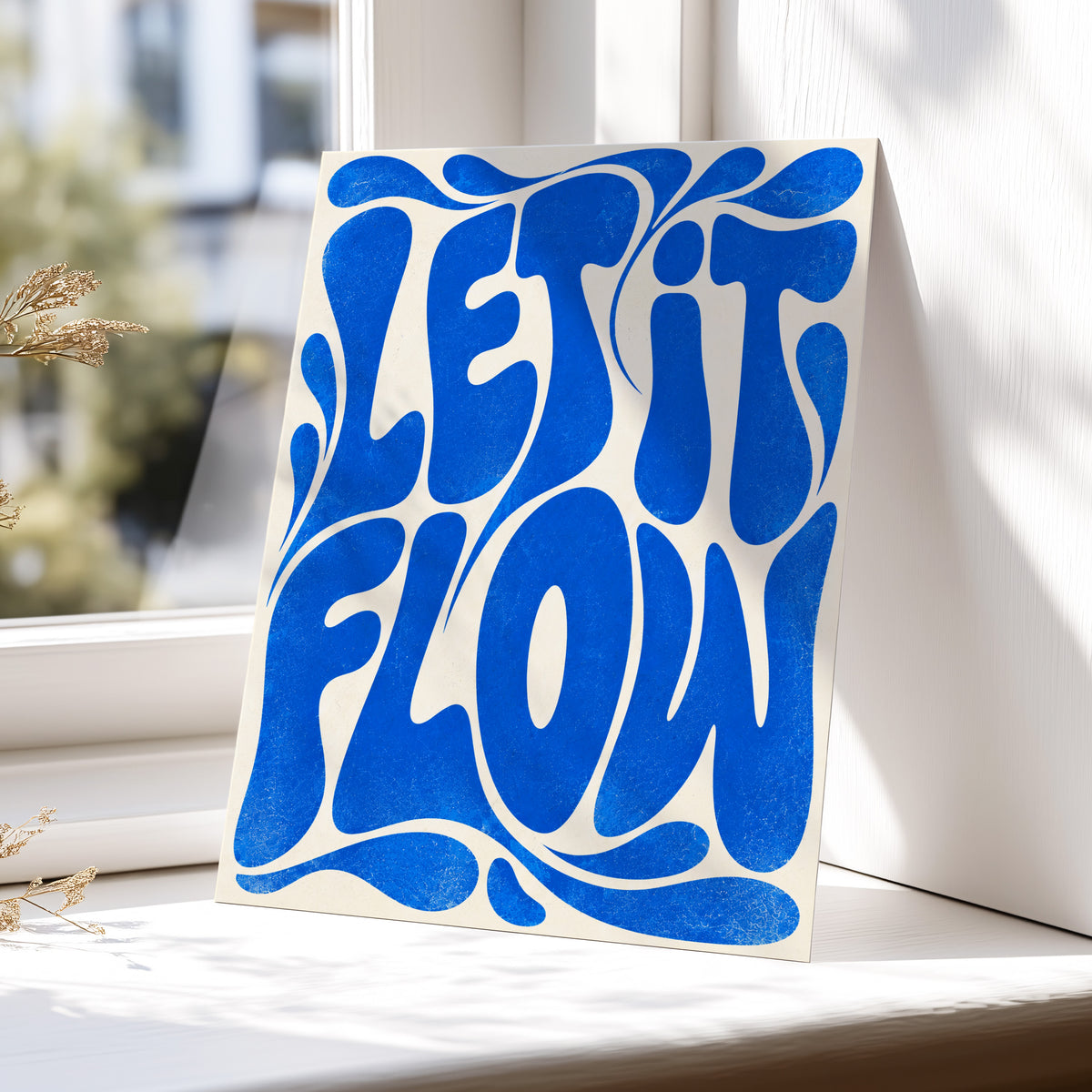 Cobalt Flow, blue, beige abstract wall art displayed in a styled interior, gallery view 6