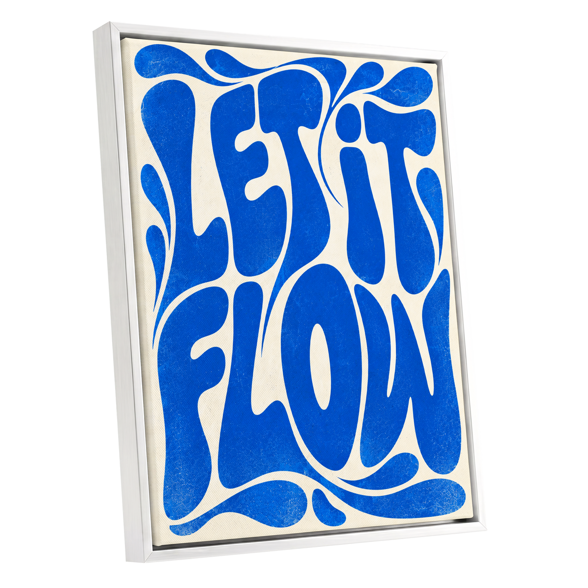 Cobalt Flow, blue, beige abstract wall art shown as a white framed canvas wall art