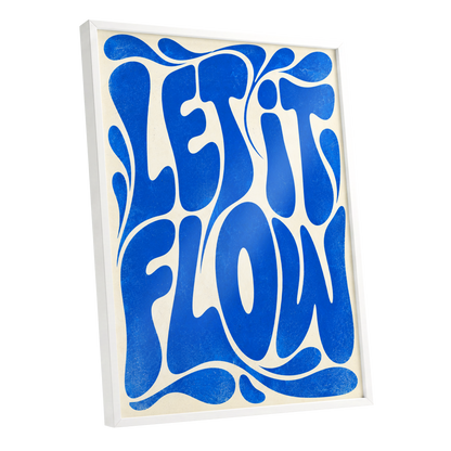 Cobalt Flow, blue, beige abstract wall art shown as a white framed poster wall art print