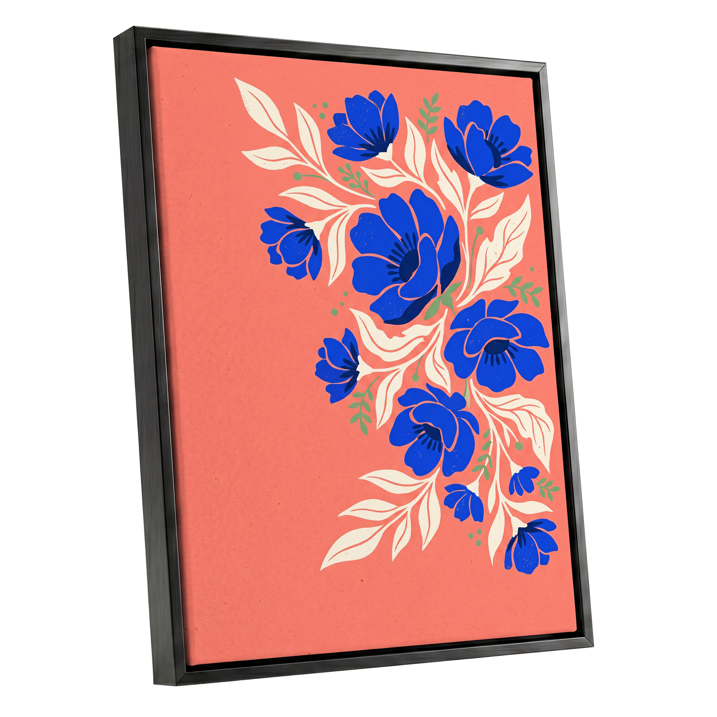 Cobalt Garden Cascade, pink, blue, white floral wall art shown as a black framed canvas wall art