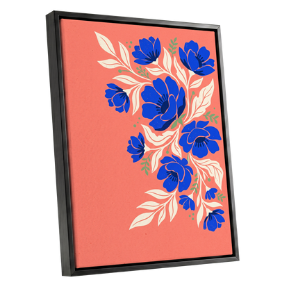 Cobalt Garden Cascade, pink, blue, white floral wall art shown as a black framed canvas wall art