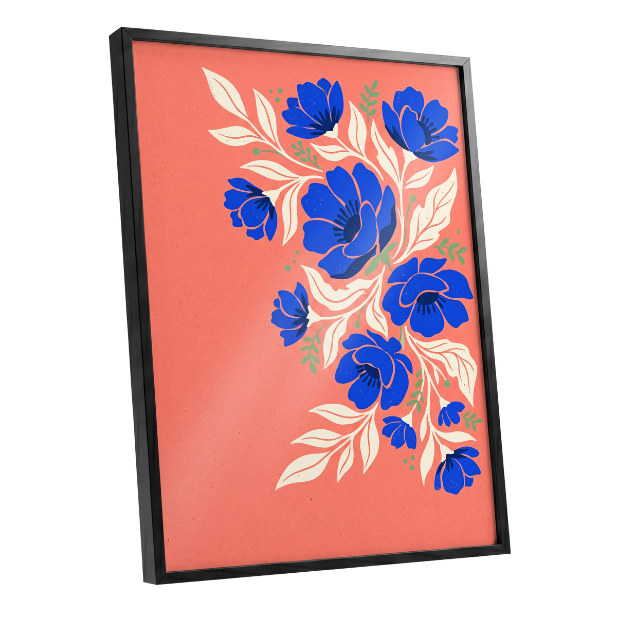 Cobalt Garden Cascade, pink, blue, white floral wall art shown as a black framed poster wall art print