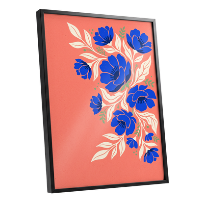 Cobalt Garden Cascade, pink, blue, white floral wall art shown as a black framed poster wall art print