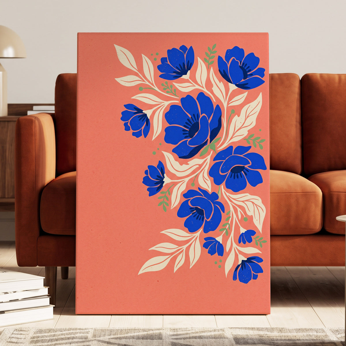 Cobalt Garden Cascade, pink, blue, white floral wall art on canvas displayed in a styled interior, gallery view 1
