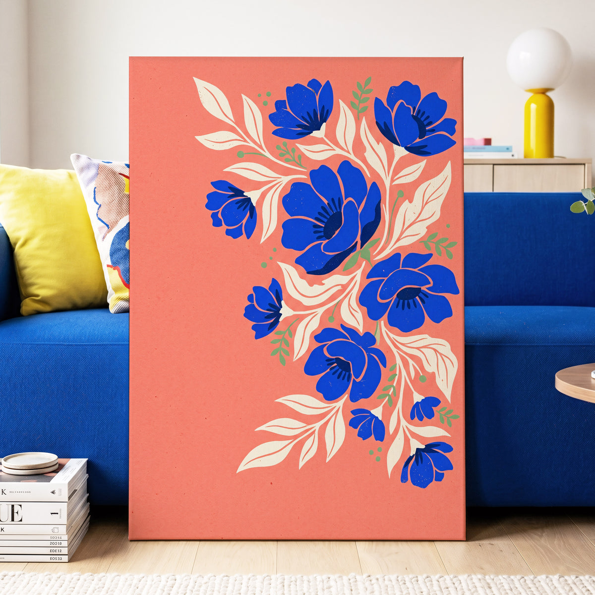 Cobalt Garden Cascade, pink, blue, white floral wall art on canvas displayed in a styled interior, gallery view 2