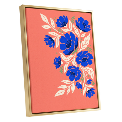 Cobalt Garden Cascade, pink, blue, white floral wall art shown as a gold framed canvas wall art
