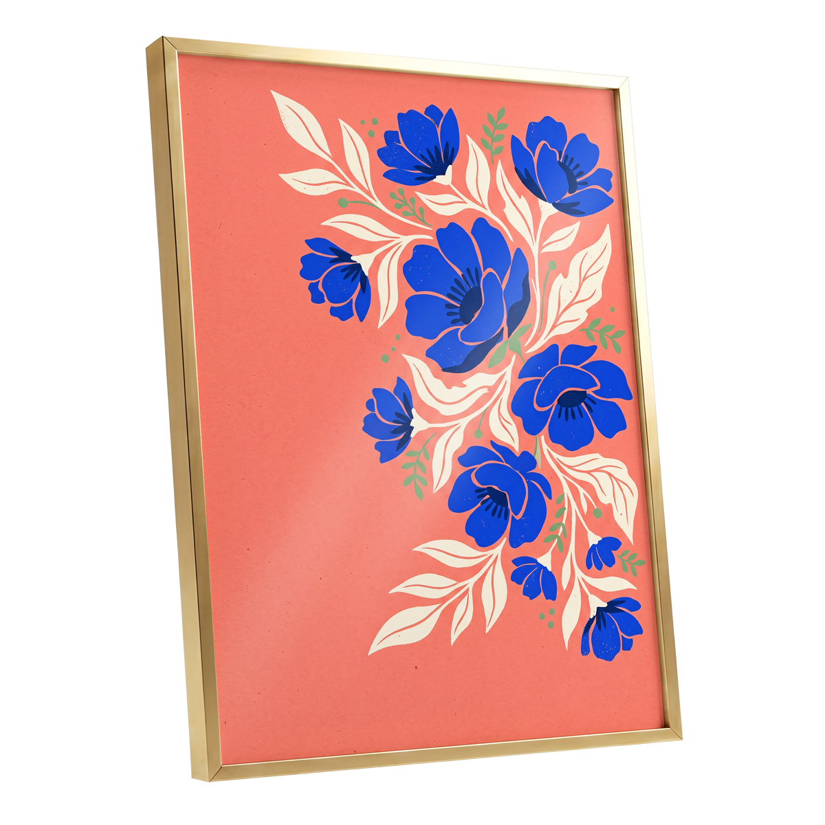 Cobalt Garden Cascade, pink, blue, white floral wall art shown as a gold framed poster wall art print