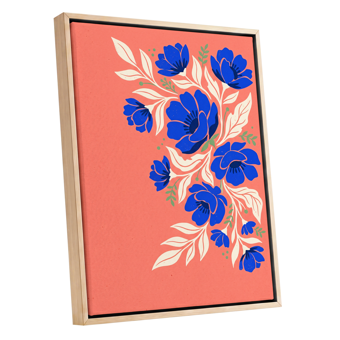 Cobalt Garden Cascade, pink, blue, white floral wall art shown as a oak framed canvas wall art