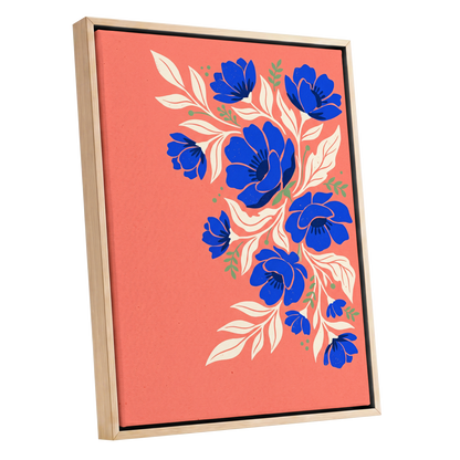 Cobalt Garden Cascade, pink, blue, white floral wall art shown as a oak framed canvas wall art